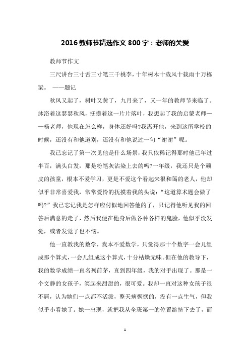 2016教师节精选作文800字：老师的关爱