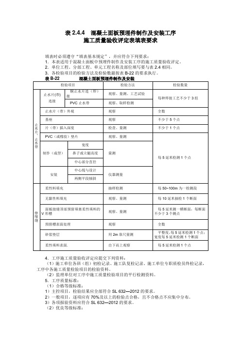 A表2.4.4 混凝土面板预埋件制作及安装工序施工质量验收评定表 及填表说明