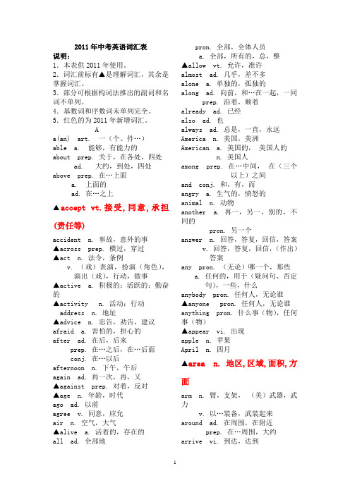 2011年中考英语词汇表