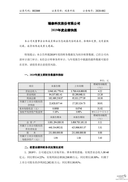 瑞泰科技:2019年度业绩快报
