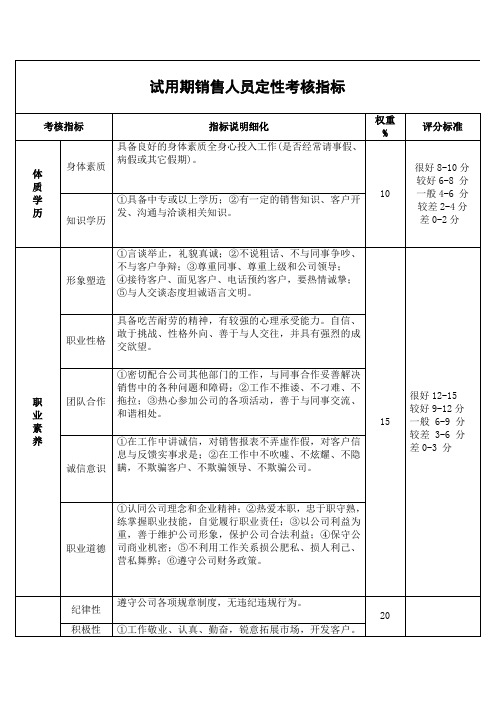 试用期销售人员定性考核指标