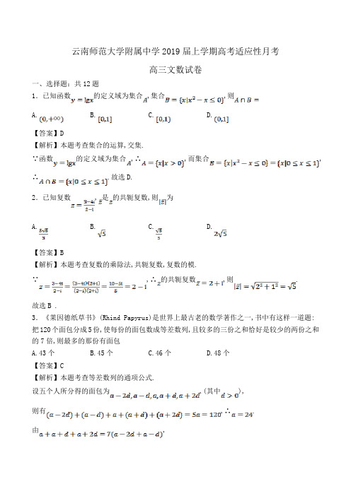 云南师范大学附属中学2019届高三上学期高考适应性月考文数试卷 Word版含解析