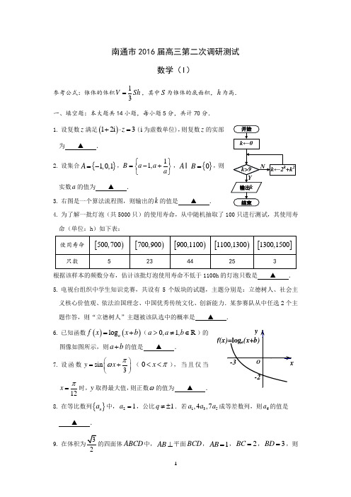 (完整版)江苏省南通市2016届高三二模数学试题