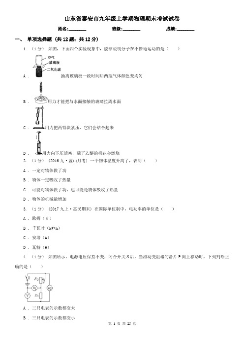 山东省泰安市九年级上学期物理期末考试试卷