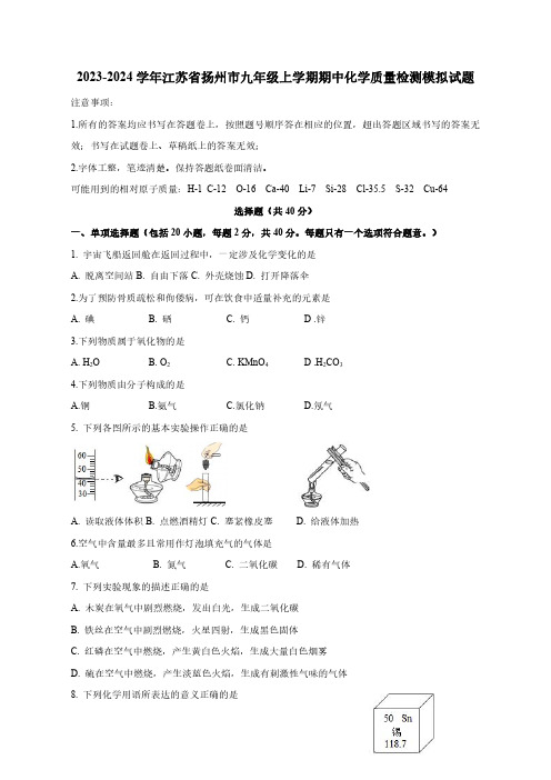 2023-2024学年江苏省扬州市九年级上册期中化学学情检测模拟试题(含答案)