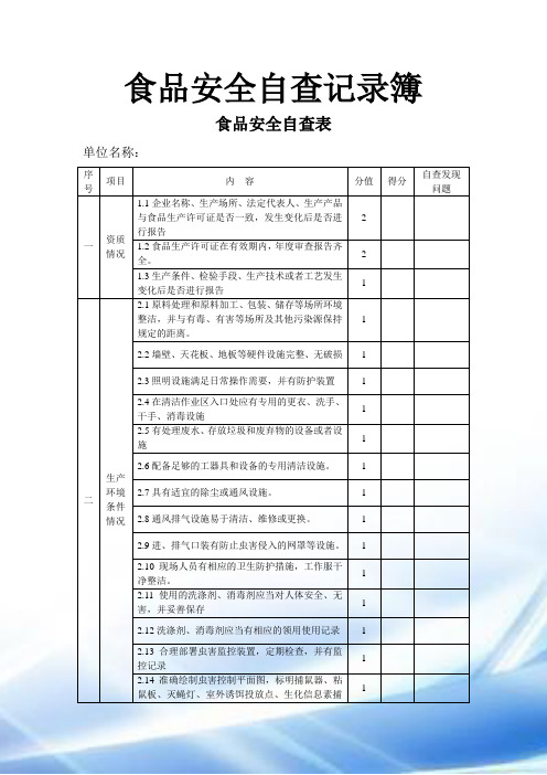 食品安全自查记录簿