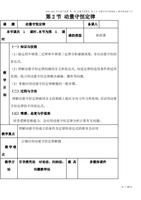 2020-2021学年高中物理 第一章 动量守恒研究 第2节 动量守恒定律教案1 鲁科版选修3-5