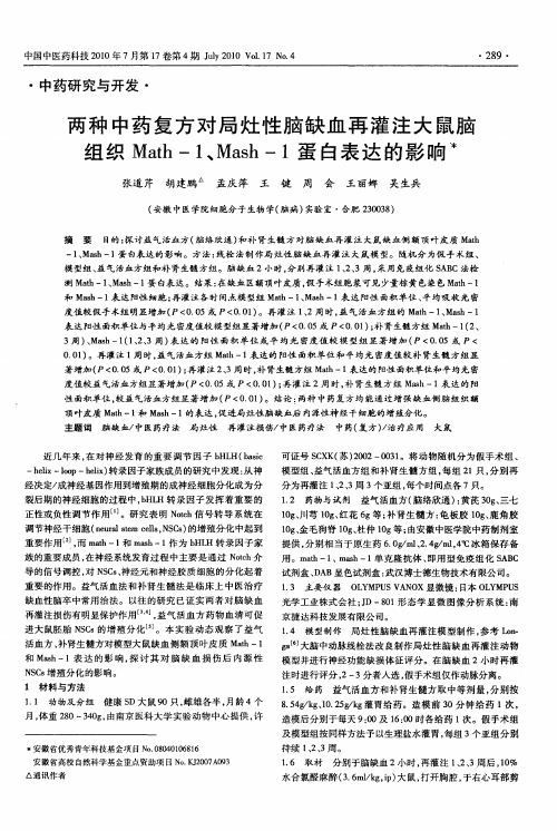 两种中药复方对局灶性脑缺血再灌注大鼠脑组织Math-1、Mash-1蛋白表达的影响