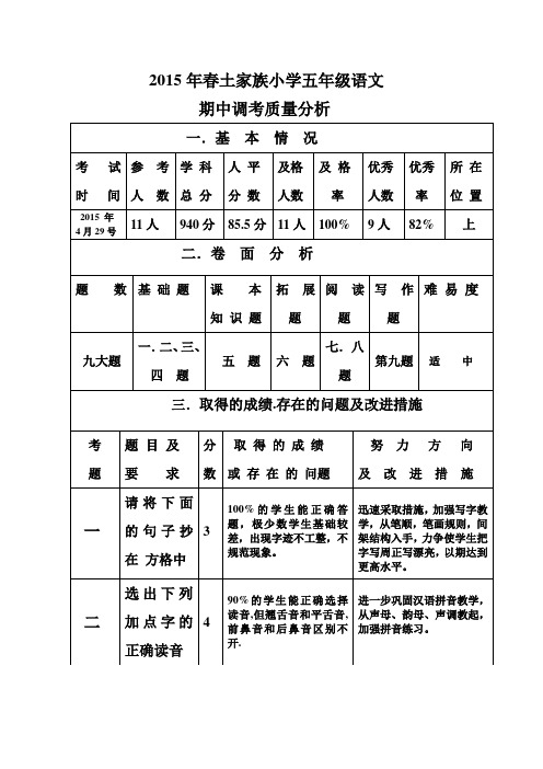 2015年春小学五年级语文期中调考质量分析