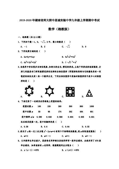 2019-2020年湖南省师大附中星城实验中学九年级上学期期中考试 数学(湘教版)(含答案)