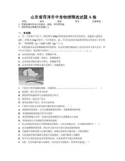 最新山东省菏泽市中考物理精选试题A卷及解析