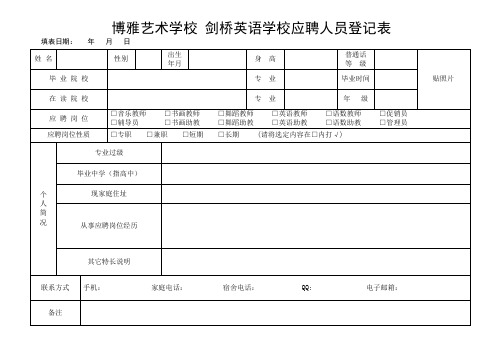 博雅艺术学校剑桥英语学校应聘人员登记表