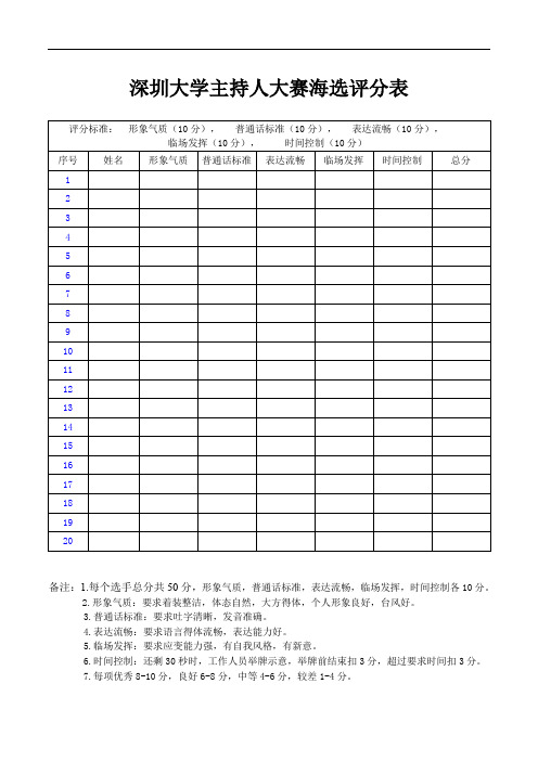 深圳大学主持人大赛海选评分表