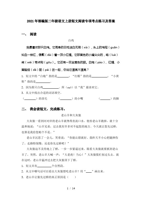 2021年部编版二年级语文上册短文阅读专项考点练习及答案