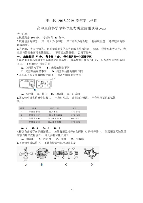 上海市宝山区2018-2019学年第二学期高中(二模)等级考调研测试生命科学试卷含答案