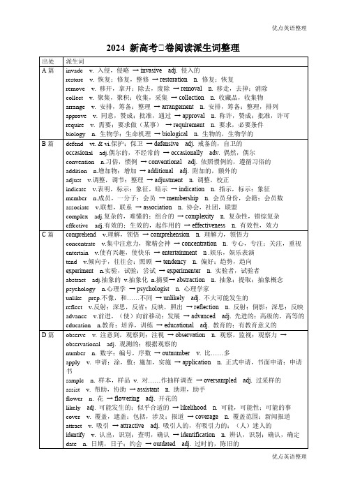 2024新高考Ⅰ卷Ⅱ卷阅读派生词和熟词生义整理清单