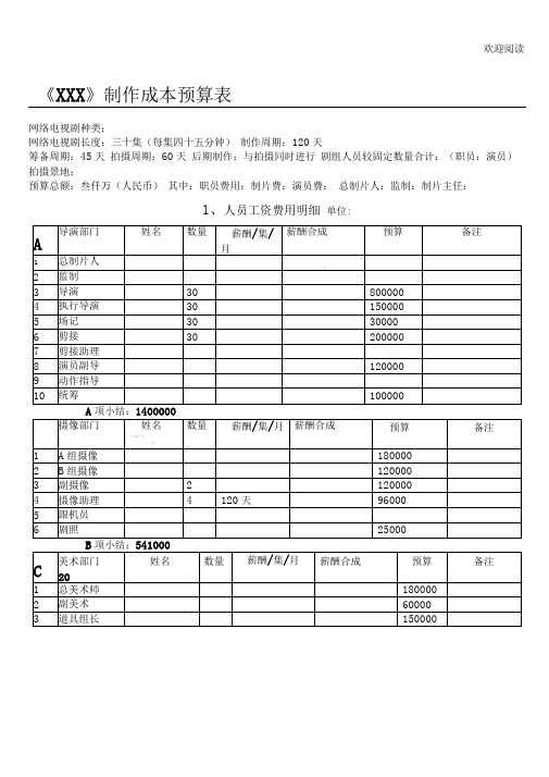 网剧电视剧制作预算表格模板