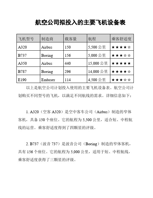 航空公司拟投入的主要飞机设备表