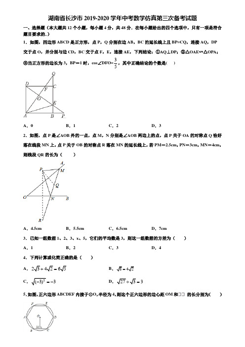 湖南省长沙市2019-2020学年中考数学仿真第三次备考试题含解析