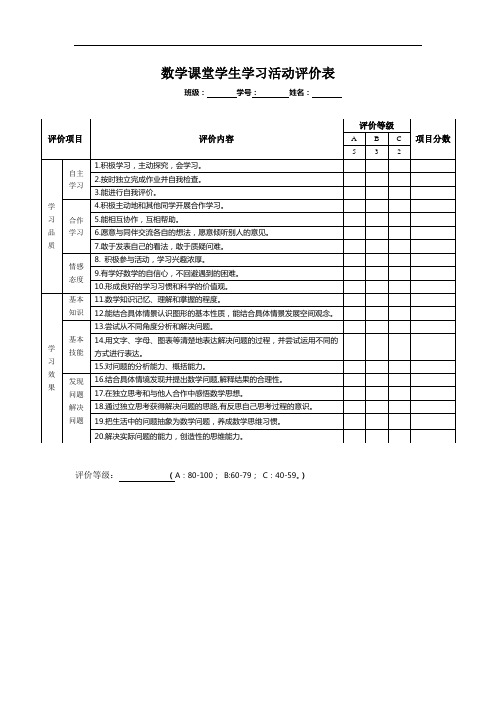 数学课堂学生学习活动评价表