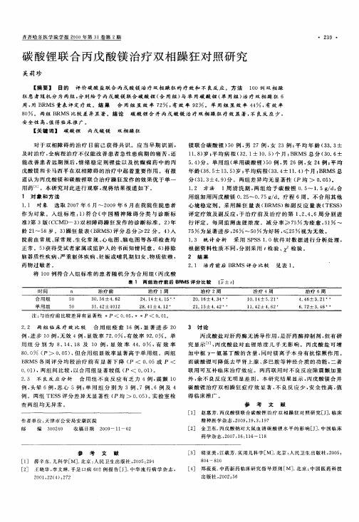 碳酸锂联合丙戊酸镁治疗双相躁狂对照研究