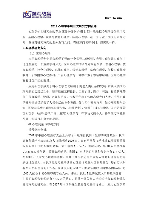 2019心理学考研研究方向汇总