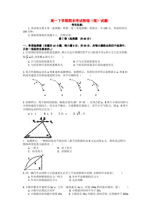 云南省德宏州潞西市芒市中学高一物理下学期期末考试试题 理 新人教版