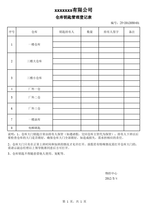 仓库钥匙登记表