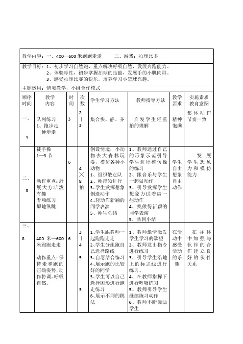 小学体育与健康一年级第二学期《400—600米跑跑走走游戏：拍球比多》2课时表格式教案