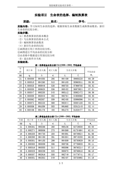 保险精算实验项目参照一