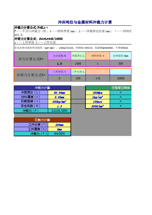 冲床吨位与金属材料冲裁力计算公式