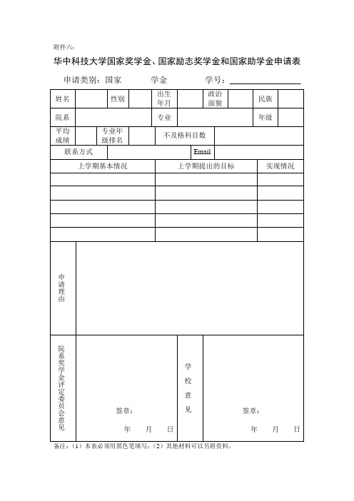 普通本科高校国家励志奖学金申请表