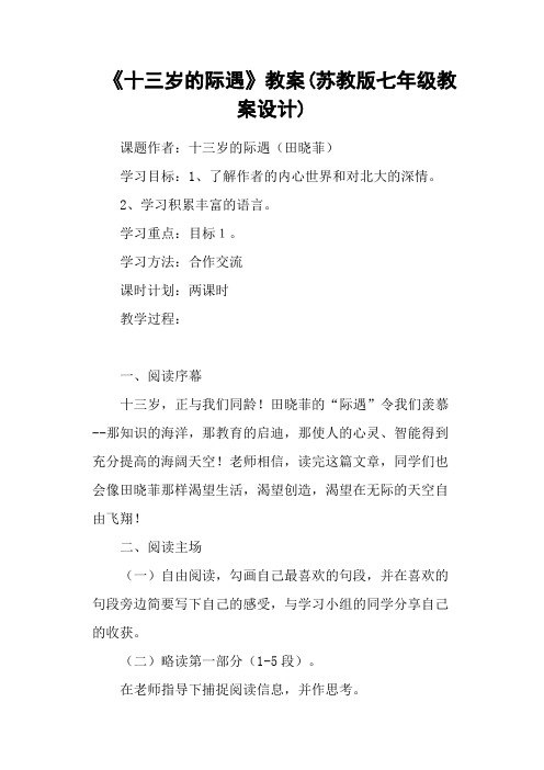 《十三岁的际遇》教案(苏教版七年级教案设计)