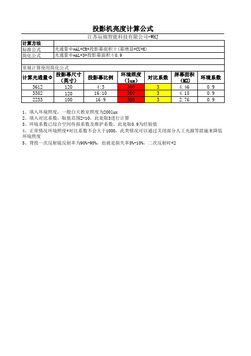 投影幕尺寸-投影机亮度-投影机投距计算公式