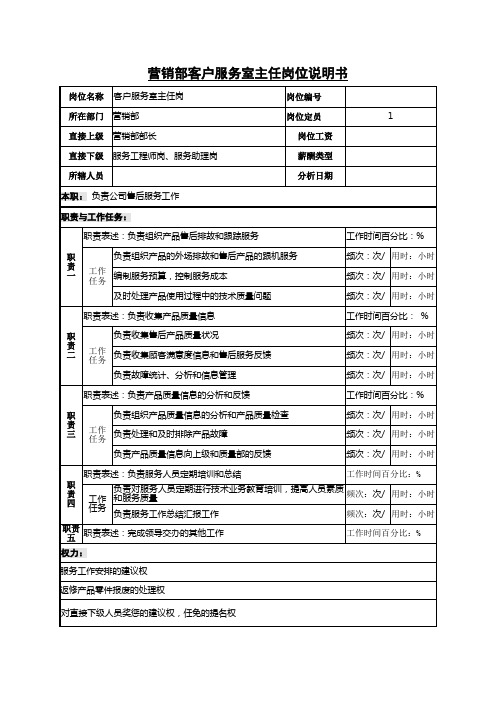 营销部客户服务室主任岗位说明书