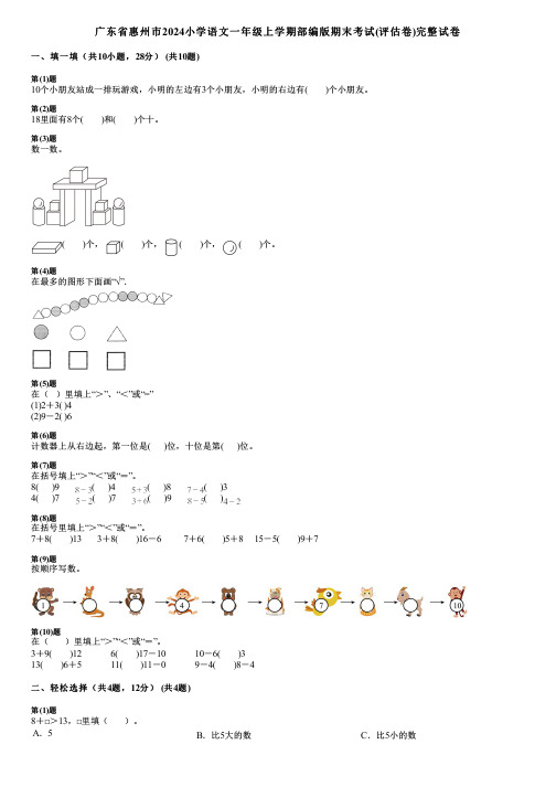 广东省惠州市2024小学数学一年级上学期部编版期末考试(评估卷)完整试卷