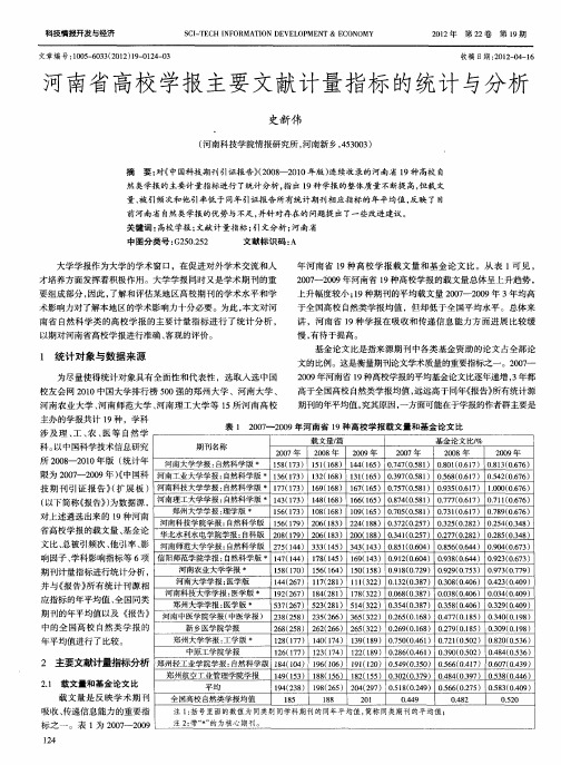 河南省高校学报主要文献计量指标的统计与分析