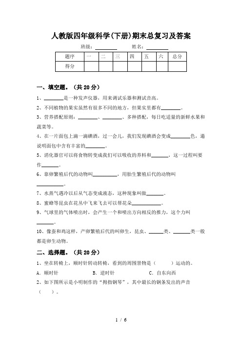 人教版四年级科学(下册)期末总复习及答案