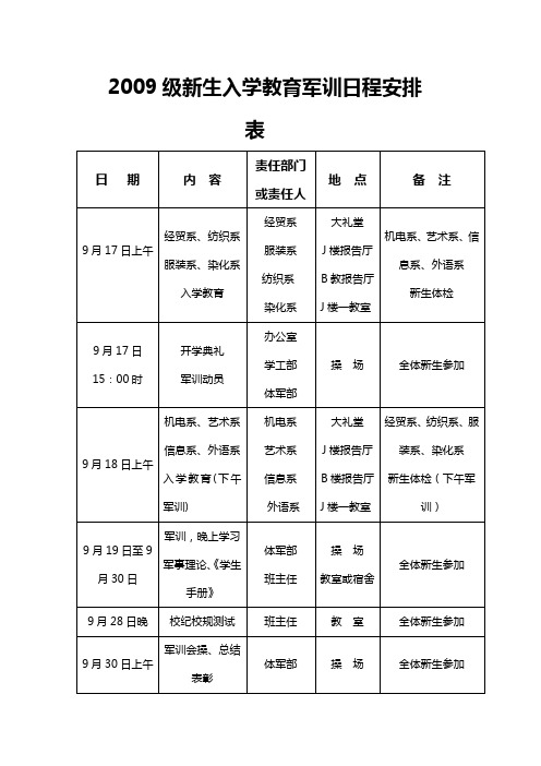 2009级新生入学教育军训日程安排表