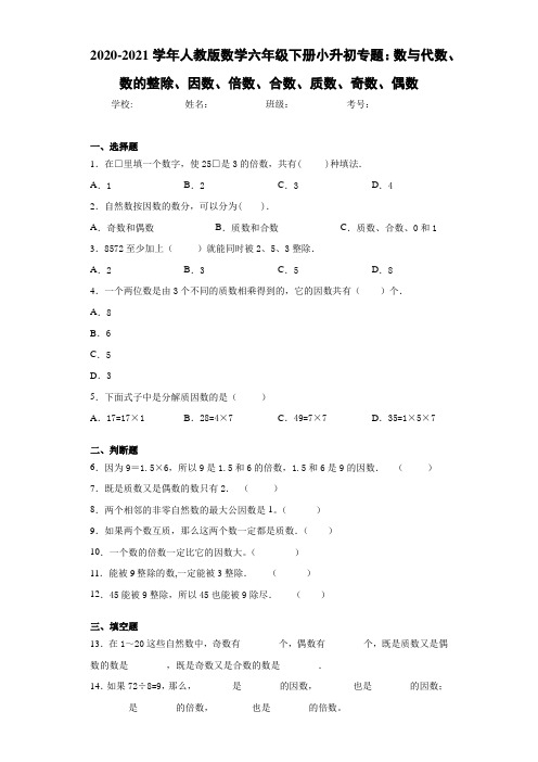 人教版数学六年级下册小升初专题：数与代数、数的整除、因数、倍数、合数、质数、奇数、偶数