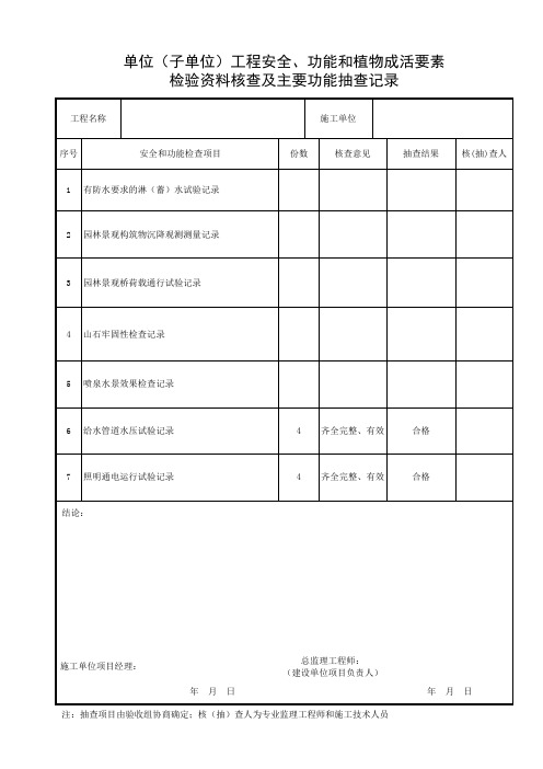 001-单位(子单位)工程安全、功能和植物成活要素检验资料核查及主要功能抽查记录