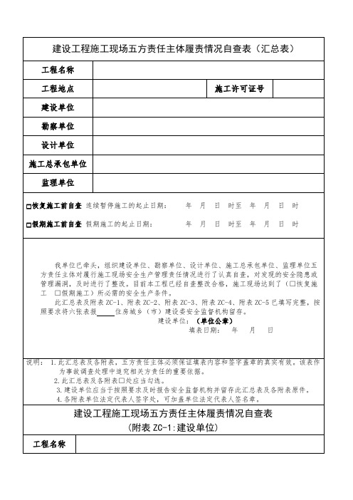 建设工程施工现场五方责任主体履责情况自查表