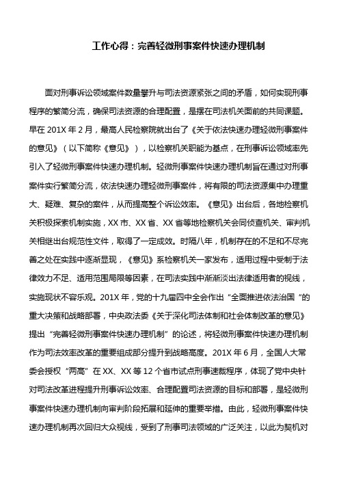 工作心得：完善轻微刑事案件快速办理机制