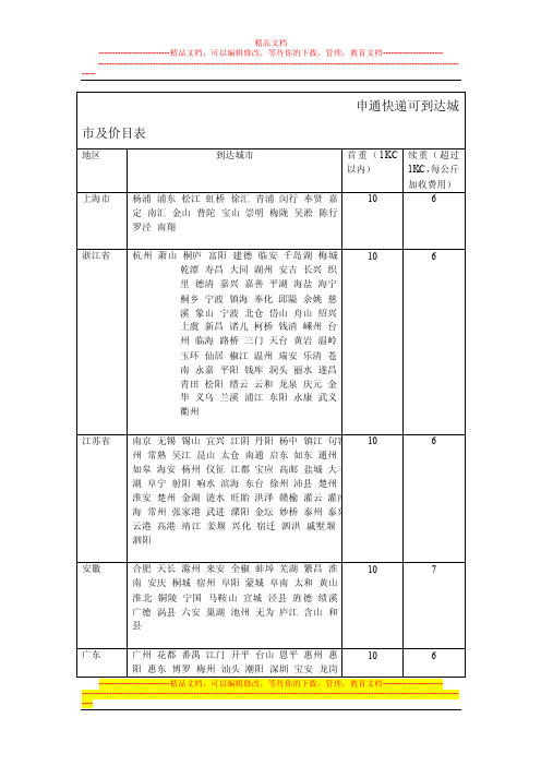 申通快递可到城市及价额查询表