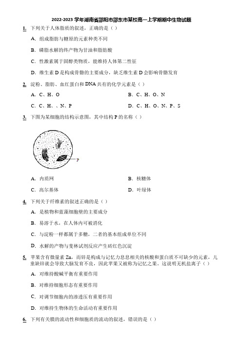 2022-2023学年湖南省邵阳市邵东市某校高一上学期期中生物试题