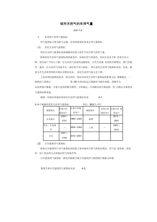 《城市天然气的年用气量参考表》