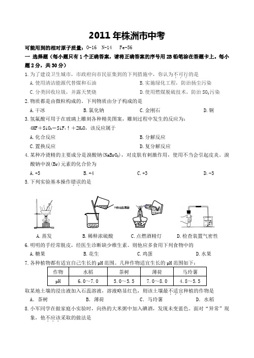 2011年湖南株洲中考化学试题及答案