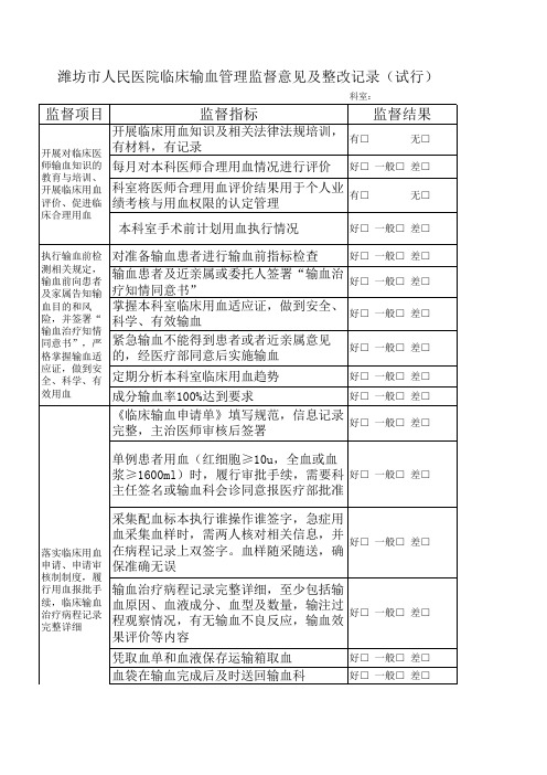 临床科室输血管理监督意见(临床)