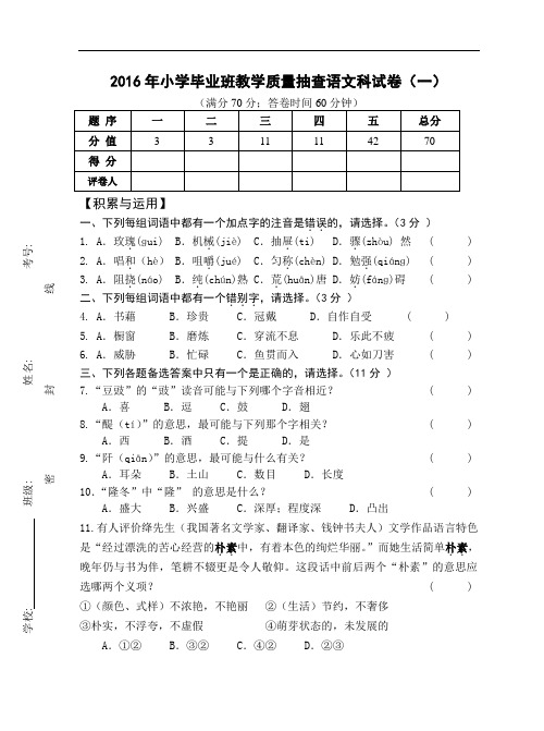 2016年小学毕业班教学高质量抽查语文科考试卷及问题详解