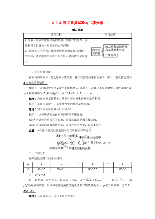 高中数学第二章概率2.2条件概率与事件的独立性2.2.3独立重复试验与二项分布预习导学案新人教B版选修2_3